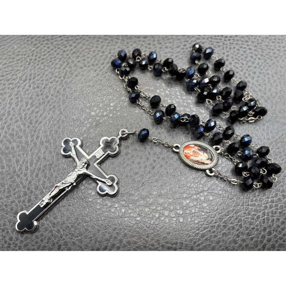 Vintage Black AB Oil Slick Bead Rosary Necklace Crucifix Pope Silver Tone 26"